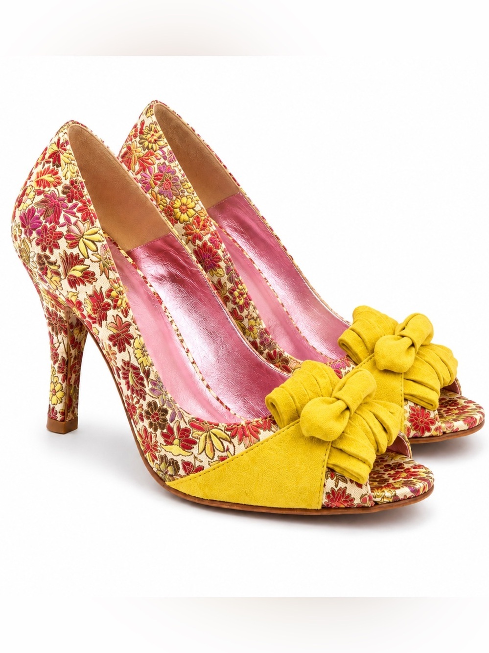 Etro Retro pink & Yellow Peep-Toe Shoes Ruffles & Bows 6
